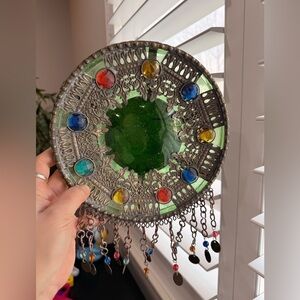 Vintage Egyptian Green Glass Wall Plate Brass Beaded Boho Decor